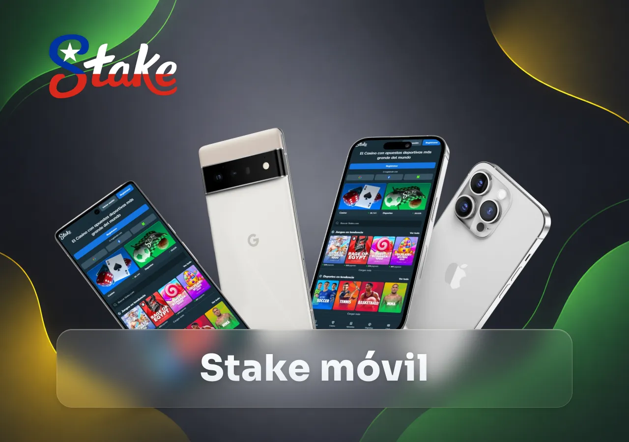 Aplicación móvil de Stake Casino funcionando en teléfonos Android y iPhone con casino y apuestas deportivas.