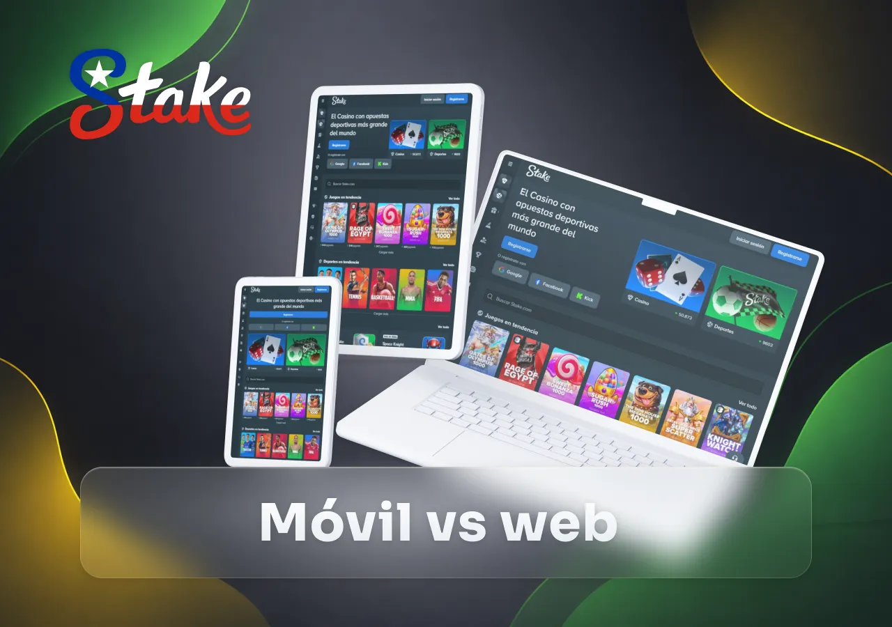 Stake Casino disponible en celular, tablet y computador con la misma interfaz de juego.